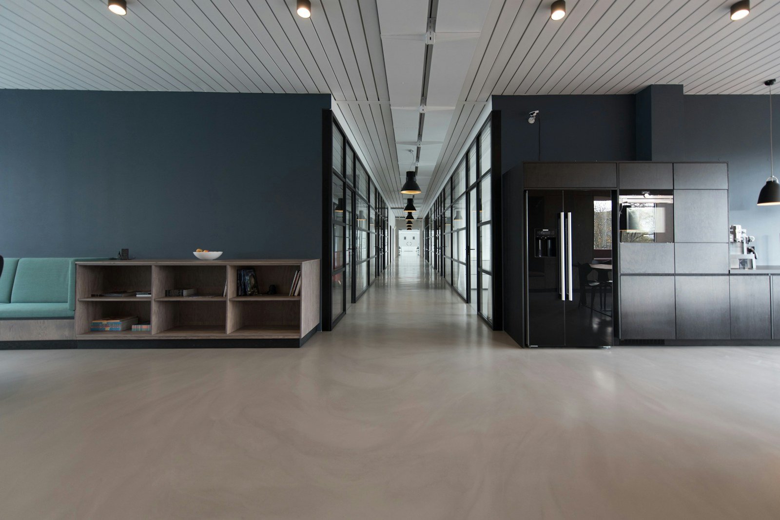 Contemporary office interior with a long corridor